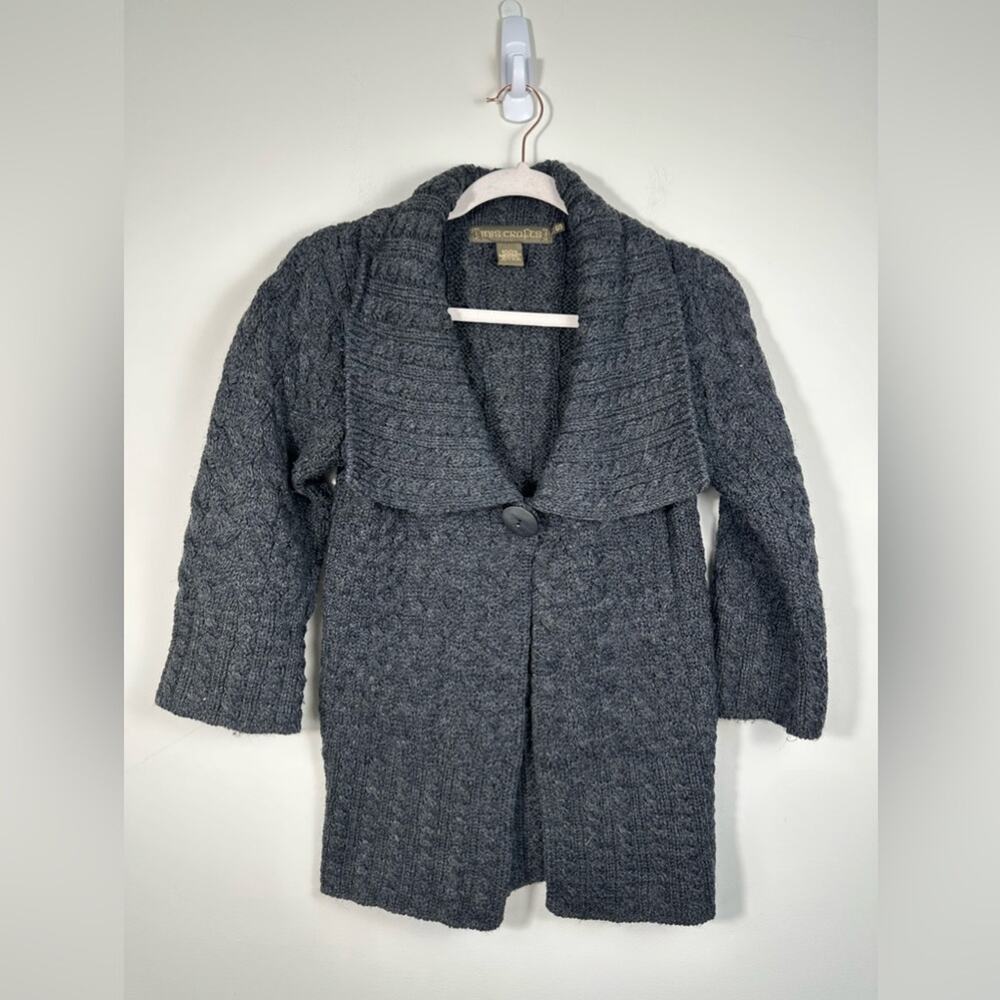 Inis Crafts Cardigan Women Small Gray Excellent Merino Wool Irish Fisherman Knit